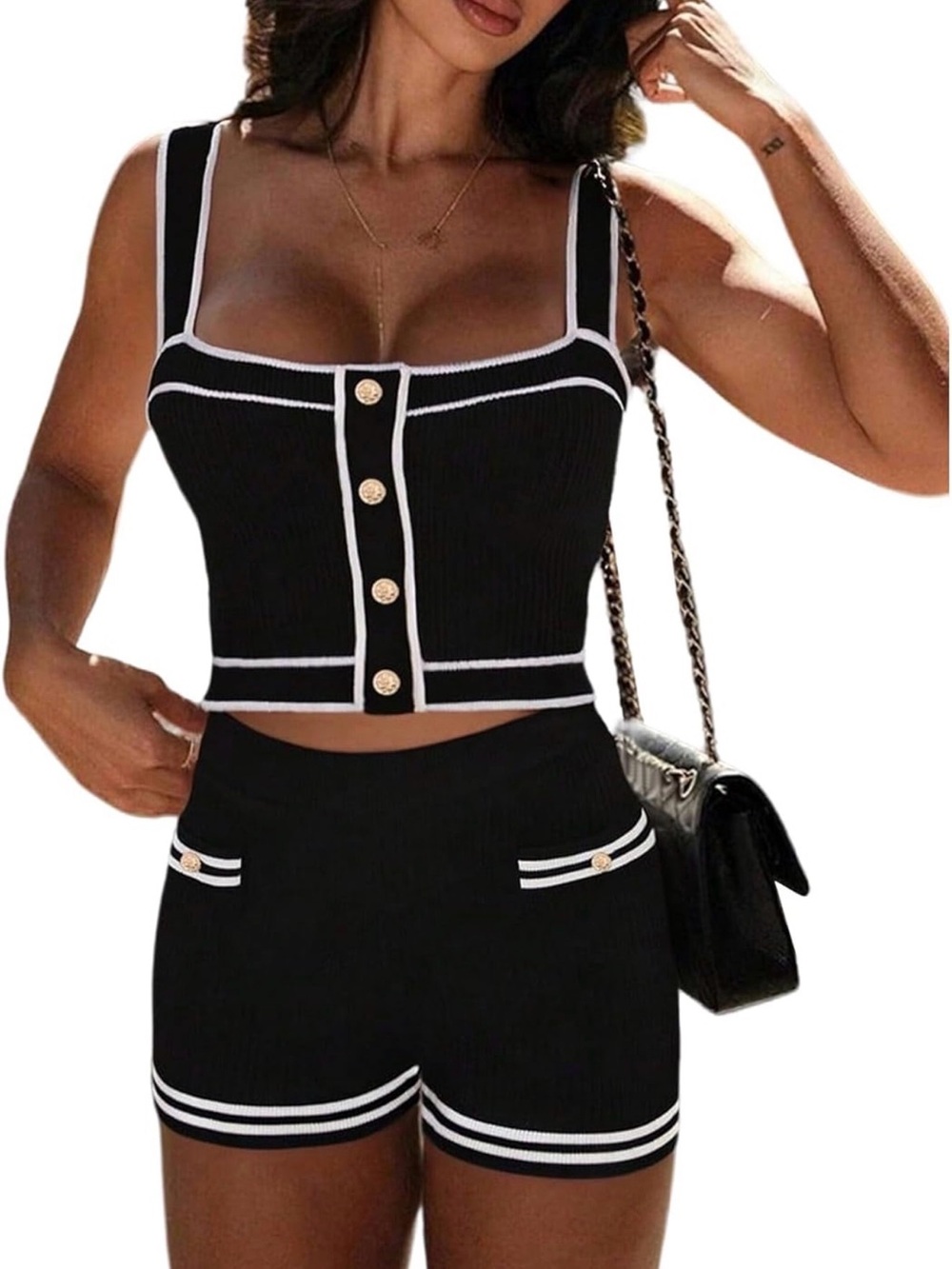 Black & White Trim Ribbed Two-Piece Shorts Set - Women size S